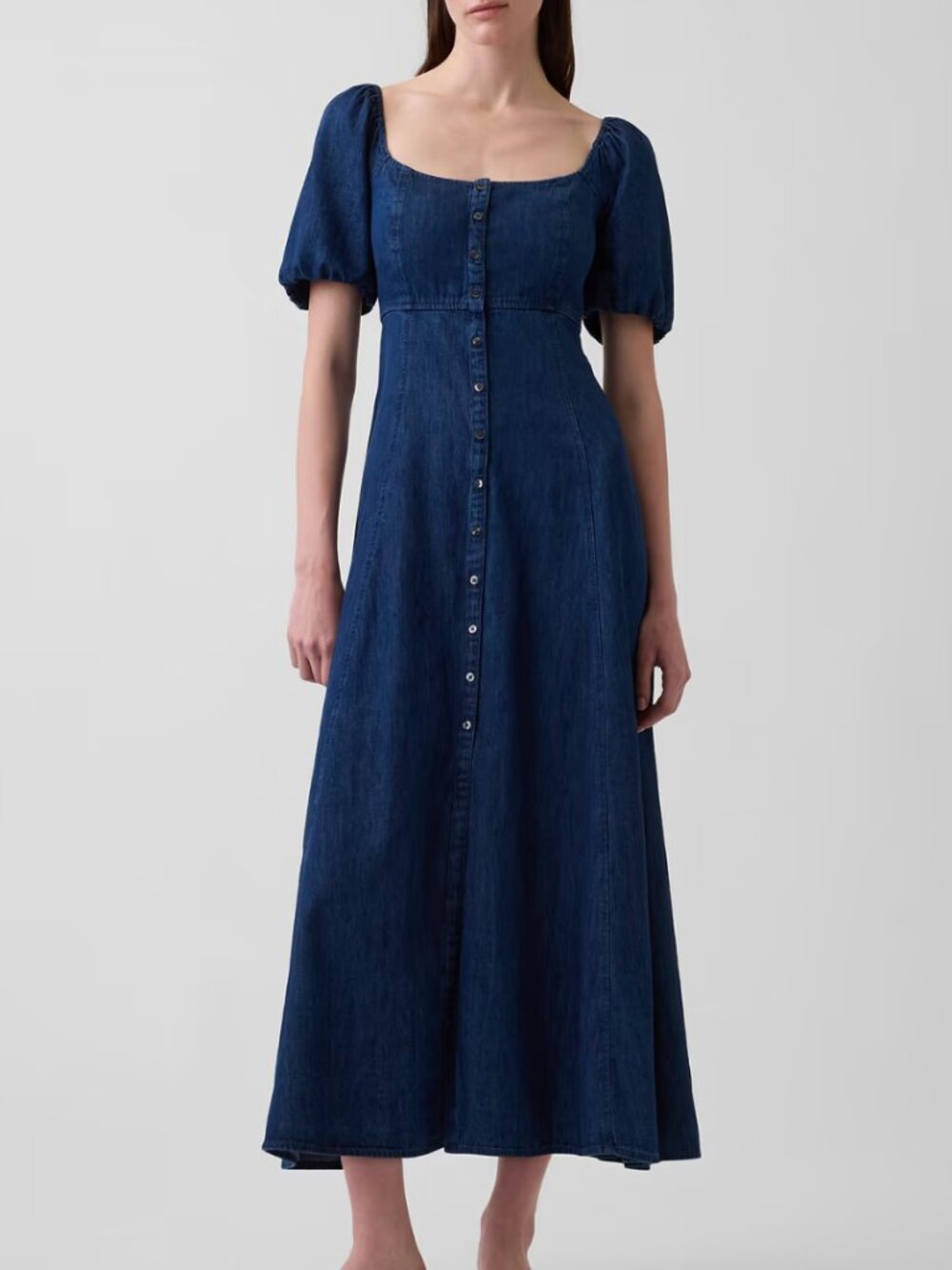 NWT Gap Denim Puff-Sleeve Button-Front Maxi Dress